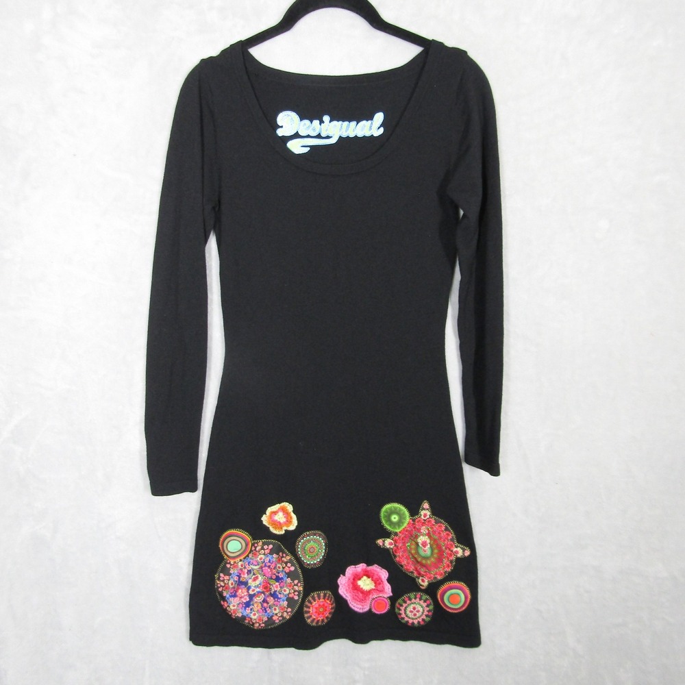 Desigual Black Long Sleeve Mini Dress Colorful Patchwork Embellishments Medium
